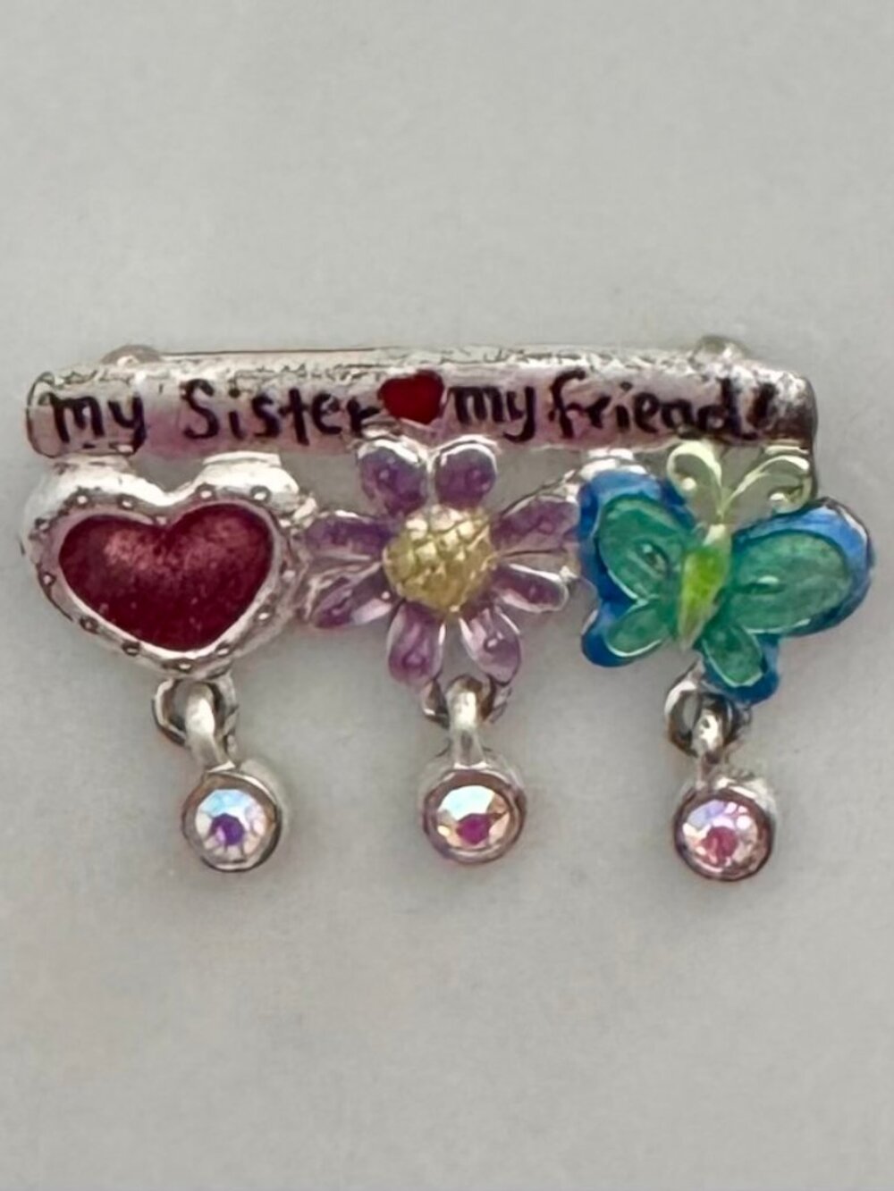 Vtg Sassy & Chic My Sister My Friend Enamel Butterfly Flower Heart Brooch Pin